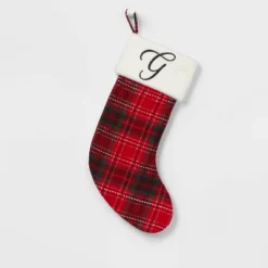 20" Plaid Monogram Christmas Holiday Stocking With Faux Fur Cuff Red/Green/White - Wondershop™ -Wondershop GUEST 01864c32 1995 446d 8ba3 878b5f401042