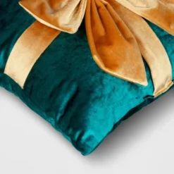 16"x6" Christmas Green Velvet Square Pillow With Teal Bow - Wondershop™ -Wondershop GUEST 12cd500e 851a 448c b5f6 f47520195518