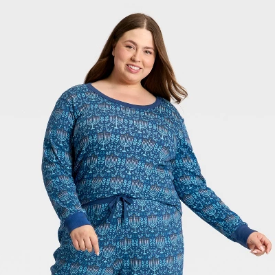 Women's Hanukkah Ribbed Long Sleeve Shirt And Pants Holiday Matching Family Pajama Set - Wondershop™ Blue 4 Women's Hanukkah Ribbed Long Sleeve Shirt And Pants Holiday Matching Family Pajama Set - Wondershop™ Blue - Image 2