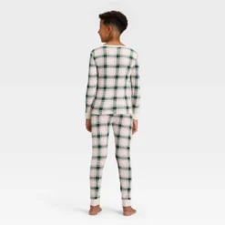 Kids' Plaid Ribbed Long Sleeve Shirt And Pants Holiday Matching Family Pajama Set - Wondershop™ Cream