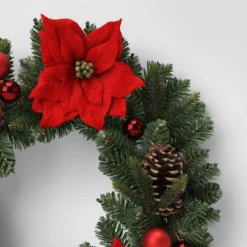 28" Pine And Poinsettia Flower With Ornaments Artificial Christmas Wreath Red - Wondershop™ -Wondershop GUEST 5492aff8 293e 43d0 a550 b5f9f465bf80