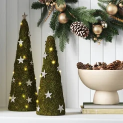 17" Battery Operated Lit Artificial Moss With Stars Christmas Tree Sculpture - Wondershop™ Green