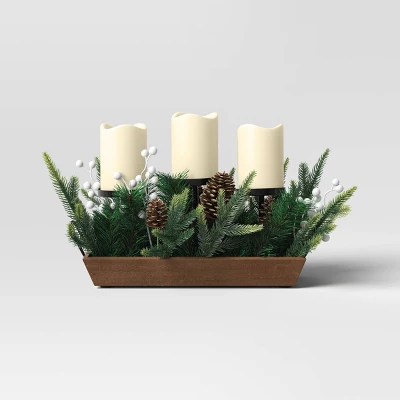 Battery Operated Flameless Pillar Candle And Black Candle Holder In Wood Tray With Faux Christmas Greenery - Wondershop™ 4 Battery Operated Flameless Pillar Candle And Black Candle Holder In Wood Tray With Faux Christmas Greenery - Wondershop™ - Image 2
