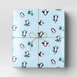 40" 125 Sq Ft Christmas Roll Wrap Playful Penguins On Blue  - Wondershop™