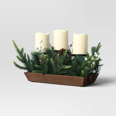 Battery Operated Flameless Pillar Candle And Black Candle Holder In Wood Tray With Faux Christmas Greenery - Wondershop™ 5 Battery Operated Flameless Pillar Candle And Black Candle Holder In Wood Tray With Faux Christmas Greenery - Wondershop™ - Image 3